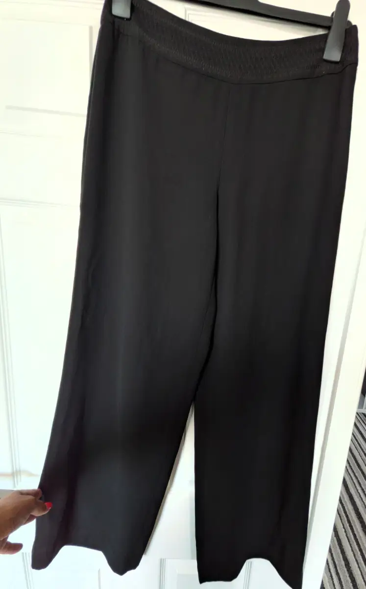 Vintage Y2K Laura Ashley Black Wide Leg Trousers with Embroidered Waistband Size 12