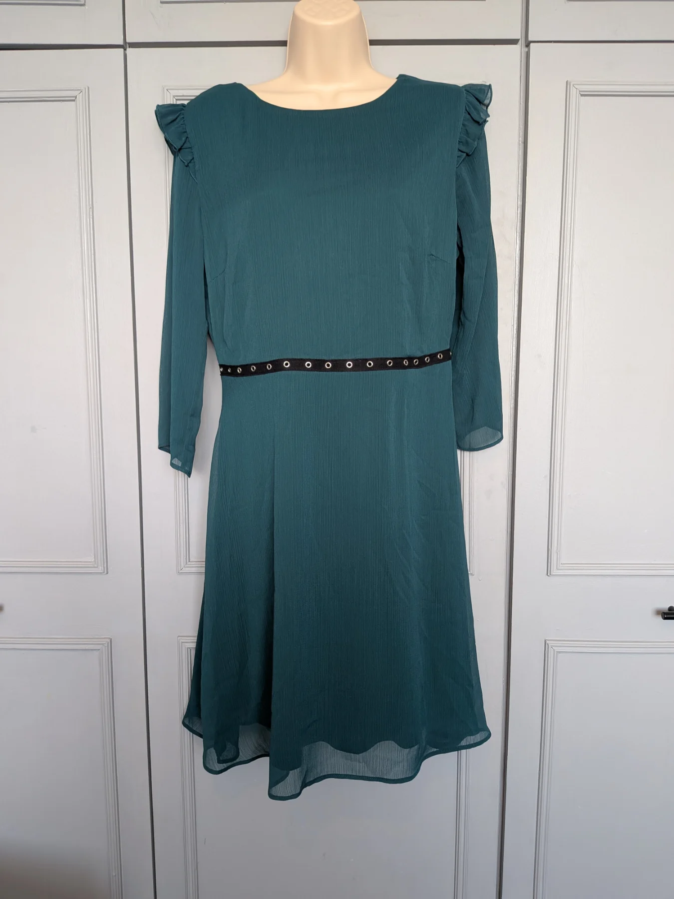New Look Tall Dark Green Long Sleeved Dress with Black Waistband Detail - Size 12 Tall