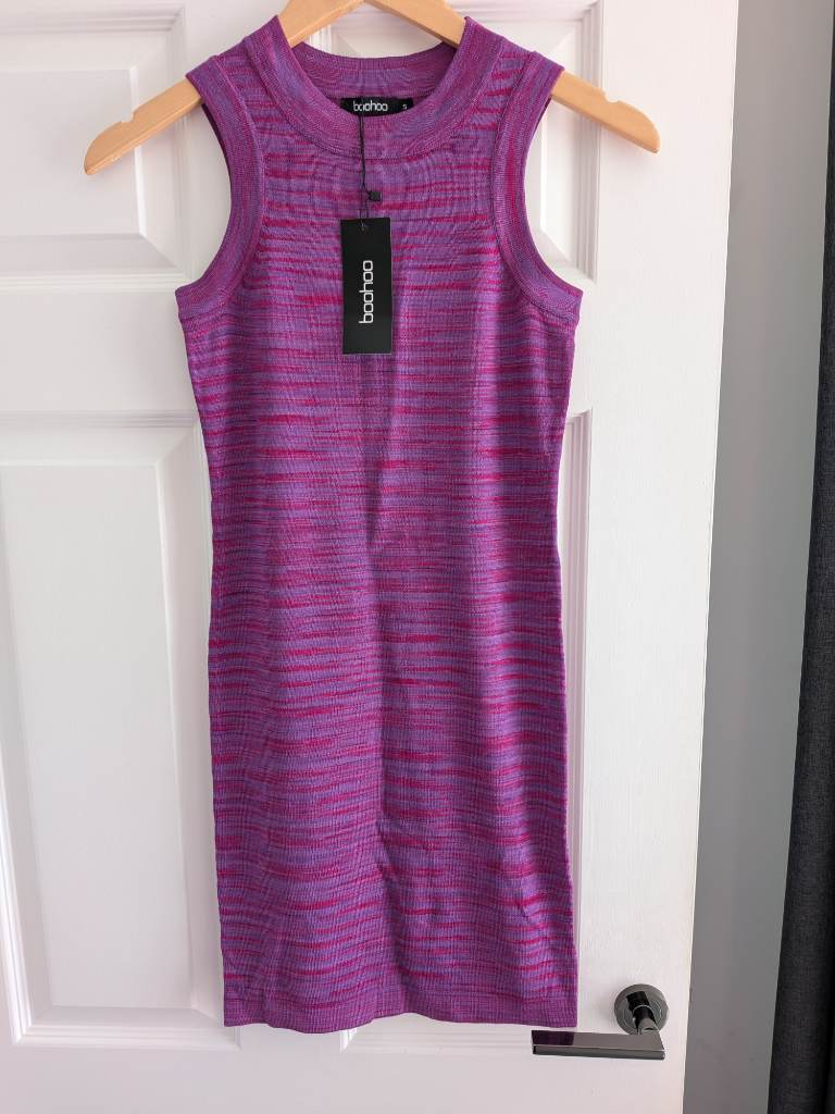 Brand New with Tags Boohoo Purple Space Dye Knitted Racer Back Mini Summer Dress - Size Small