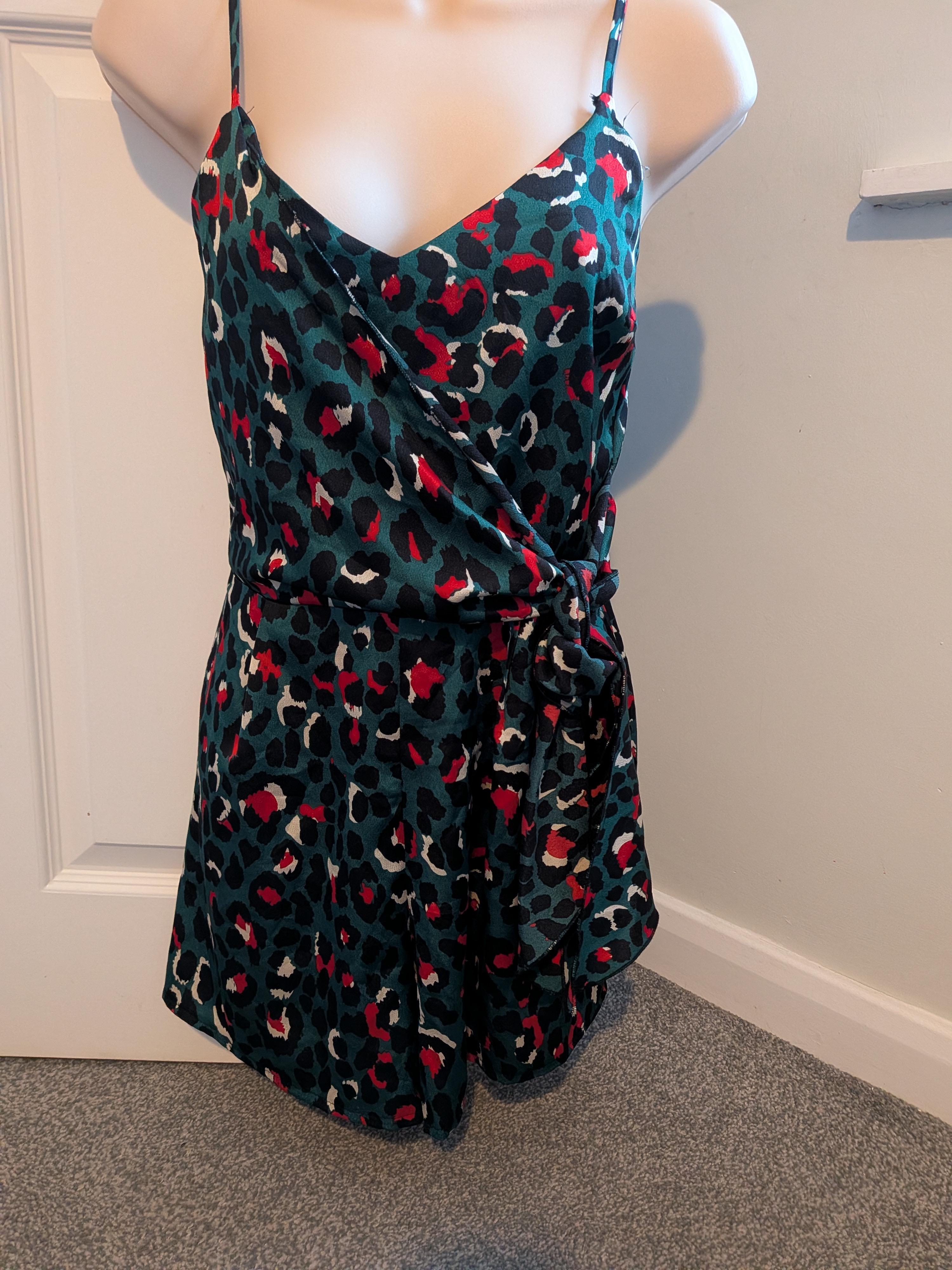 New Look Green with Red Animal Print Cross Front Strappy Playsuit - Size 8