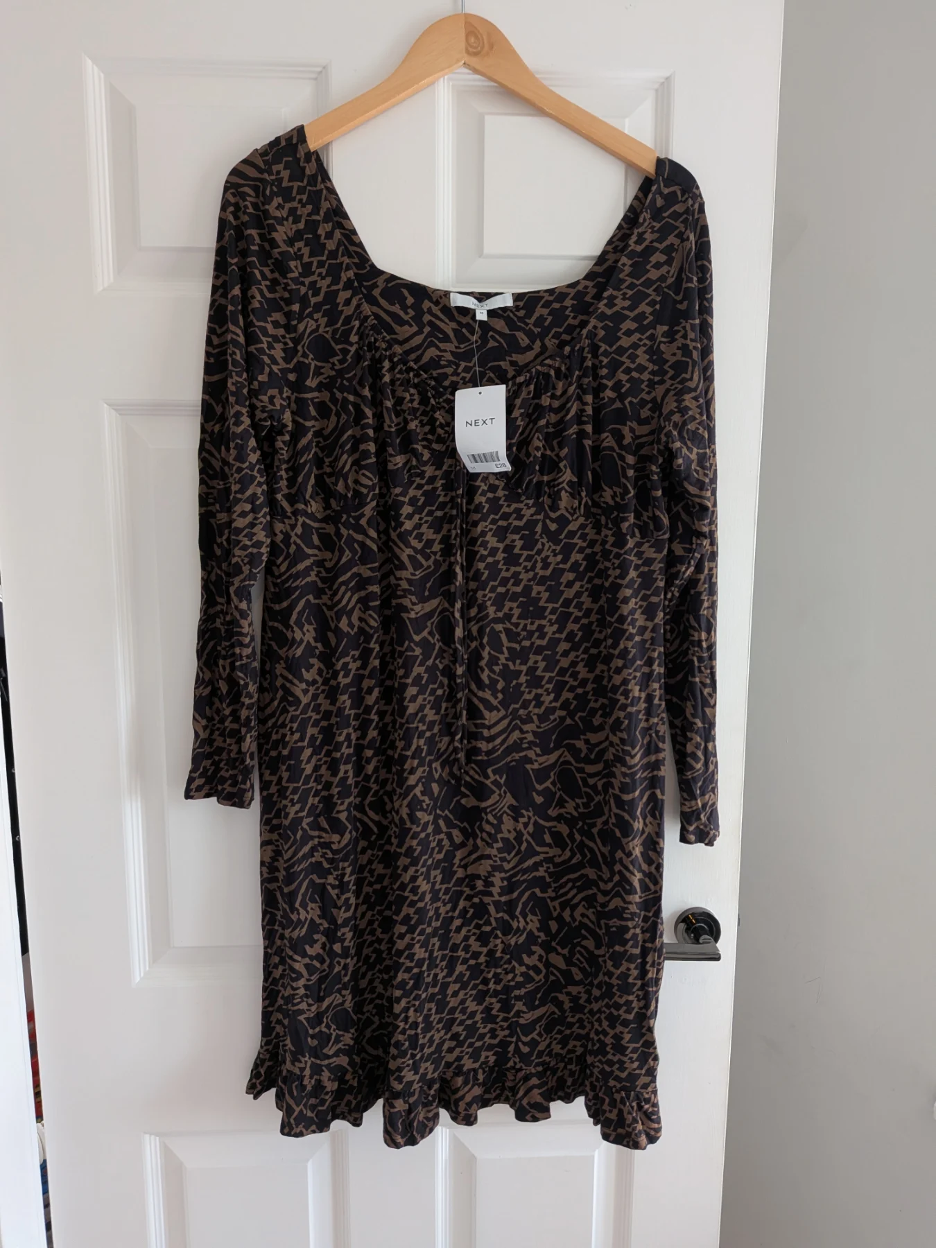 Next Black & Brown Geometric Long Sleeve Ruffle Hem Mini Dress - Size 18