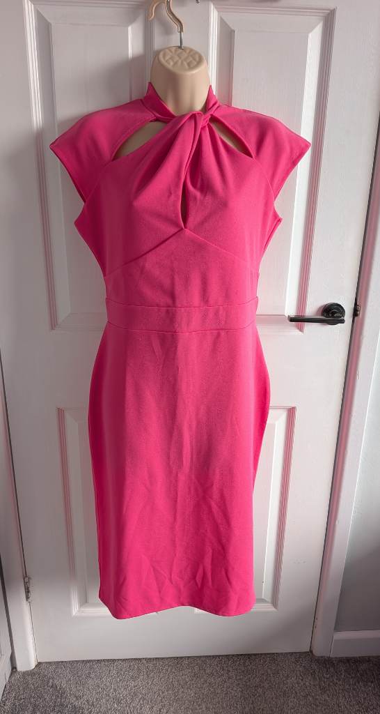 New with Tags Lipsy Hot Pink Crossover Detail Pencil Midi Dress - Size 12