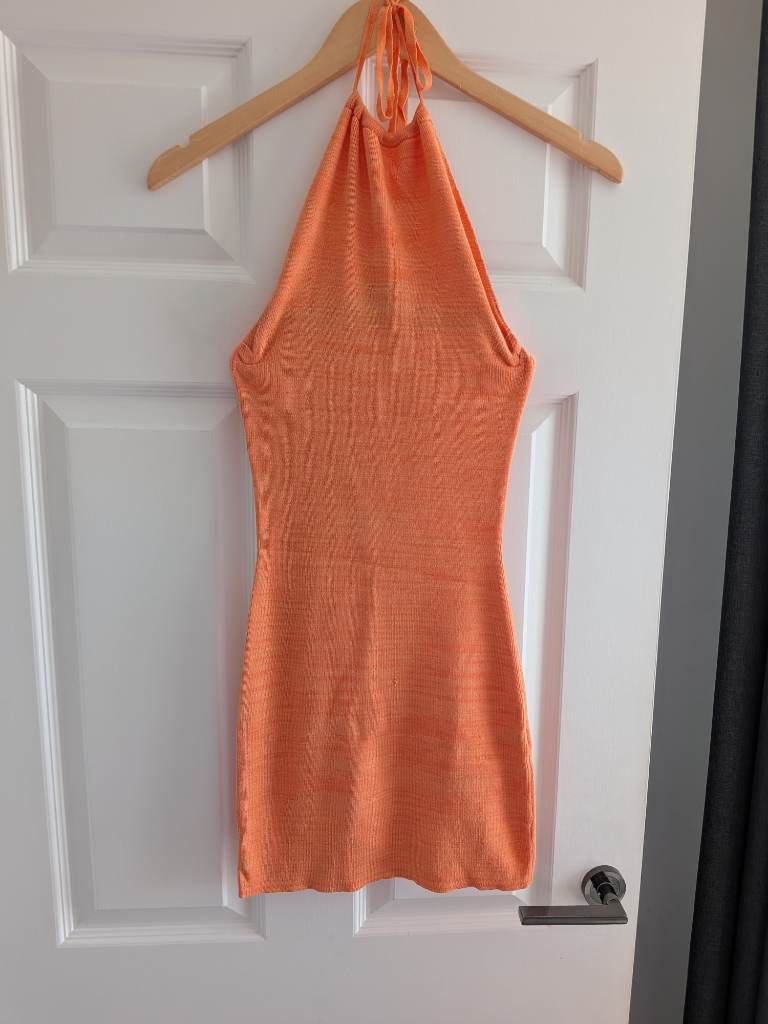 New with Tags Boohoo Orange Space Dye Halterneck Knitted Mini Summer Holiday Dress - Size Small