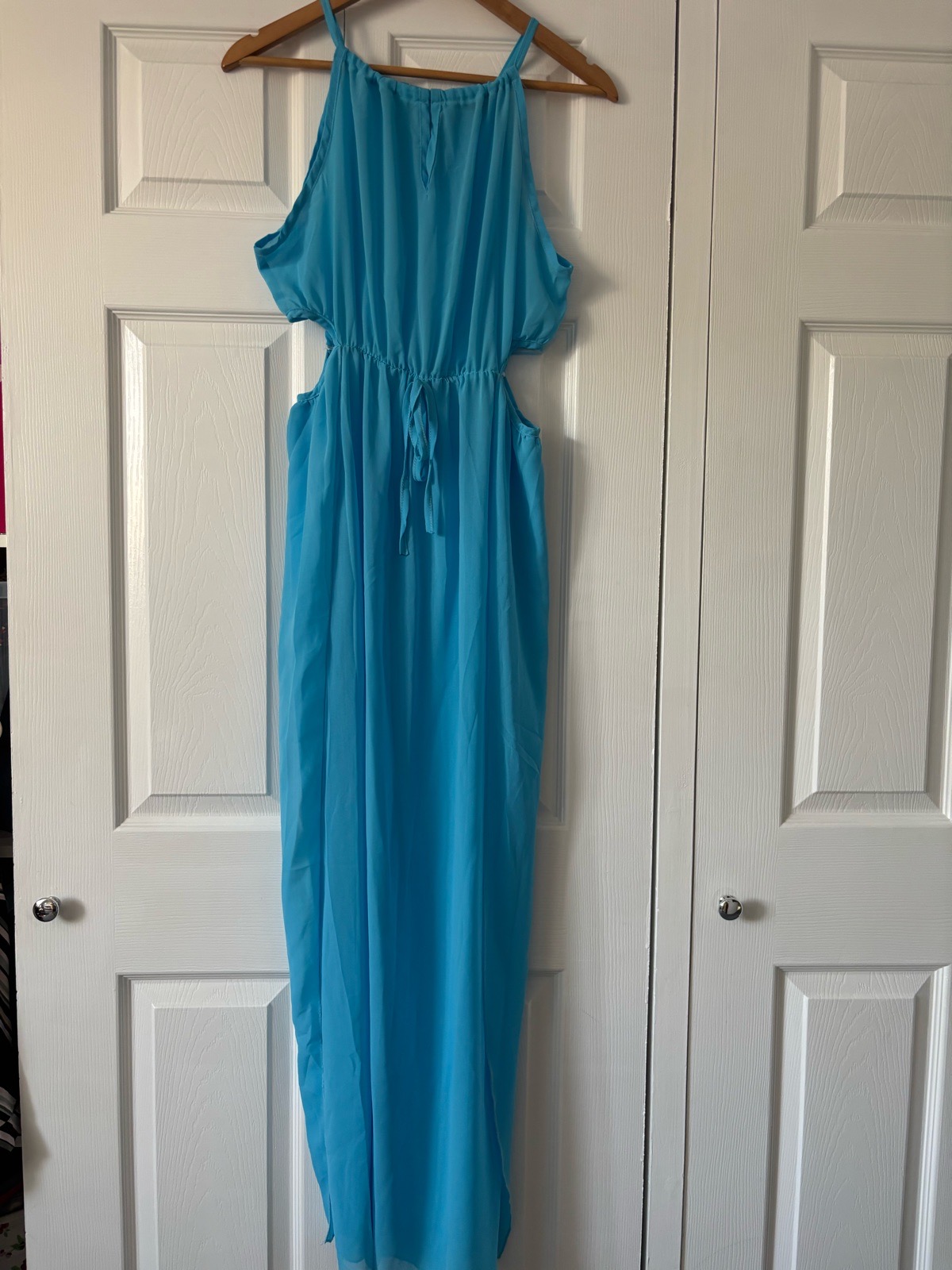 Finejo light blue sheer beach cover up dress, swim cover up halter neck fits 10-12 holiday dress