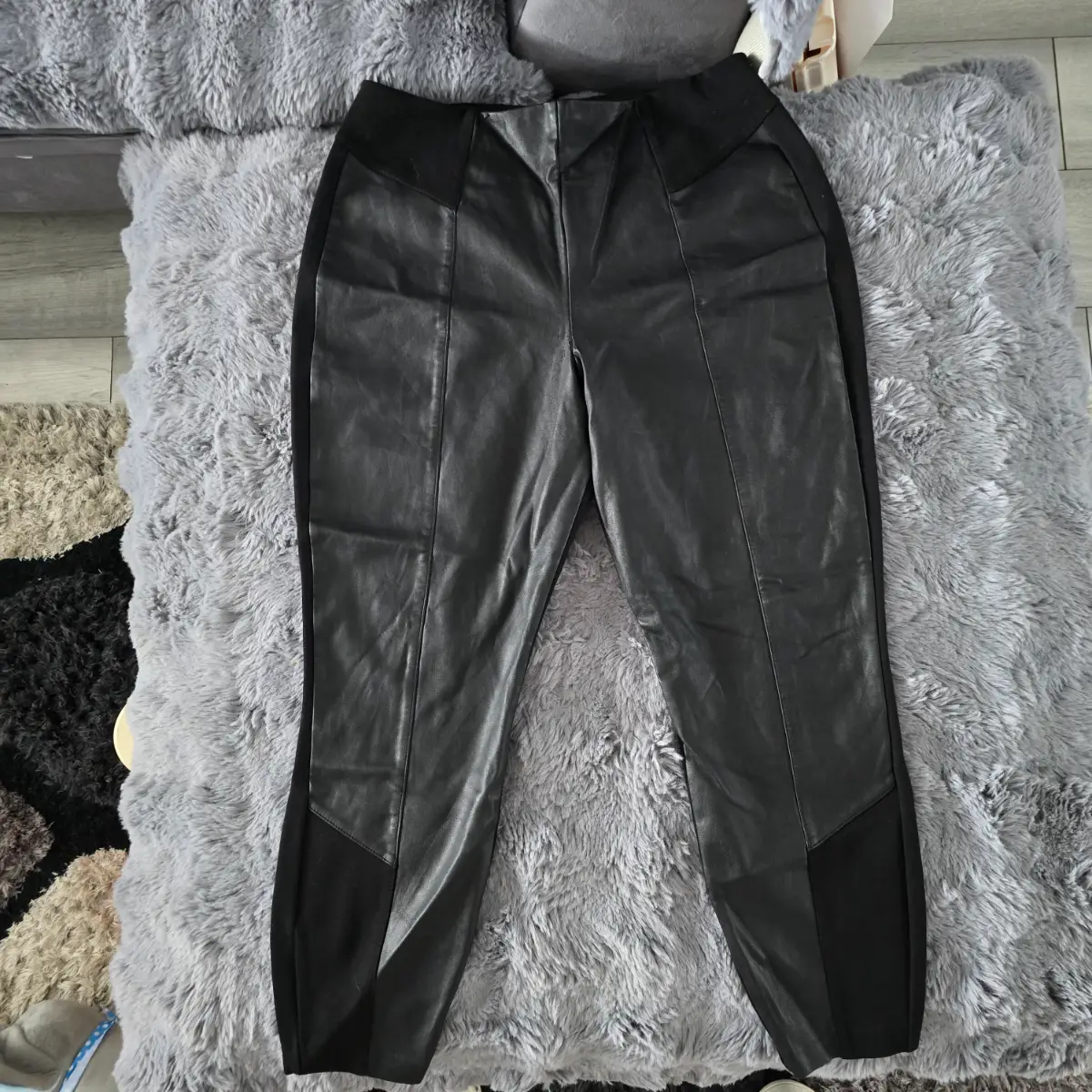 New Look Black Faux Leather & Fabric Paneled Leggings Trousers UK 14