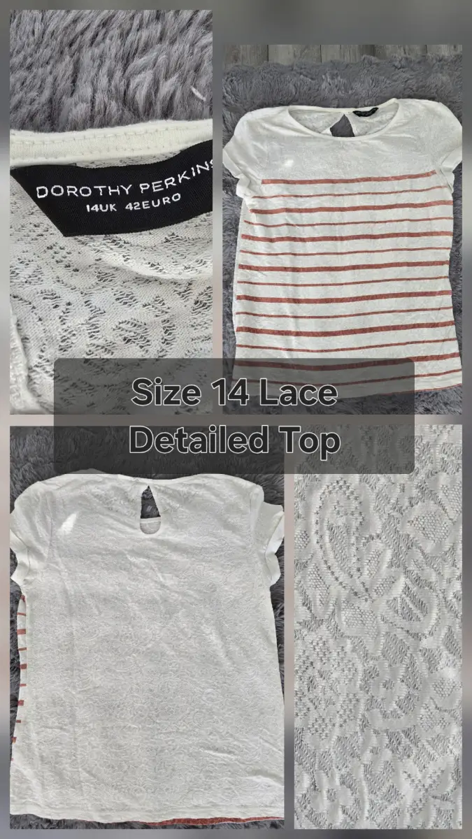 Dorothy Perkins Size 14 Cream & Rust Striped Lace Back T-Shirt Boho Top