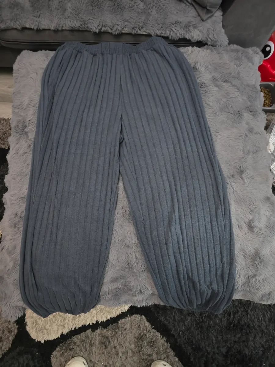SHEIN Curve Grey Plissé Ribbed Lounge Wide Leg Pants Trousers Size 0XL 16/18