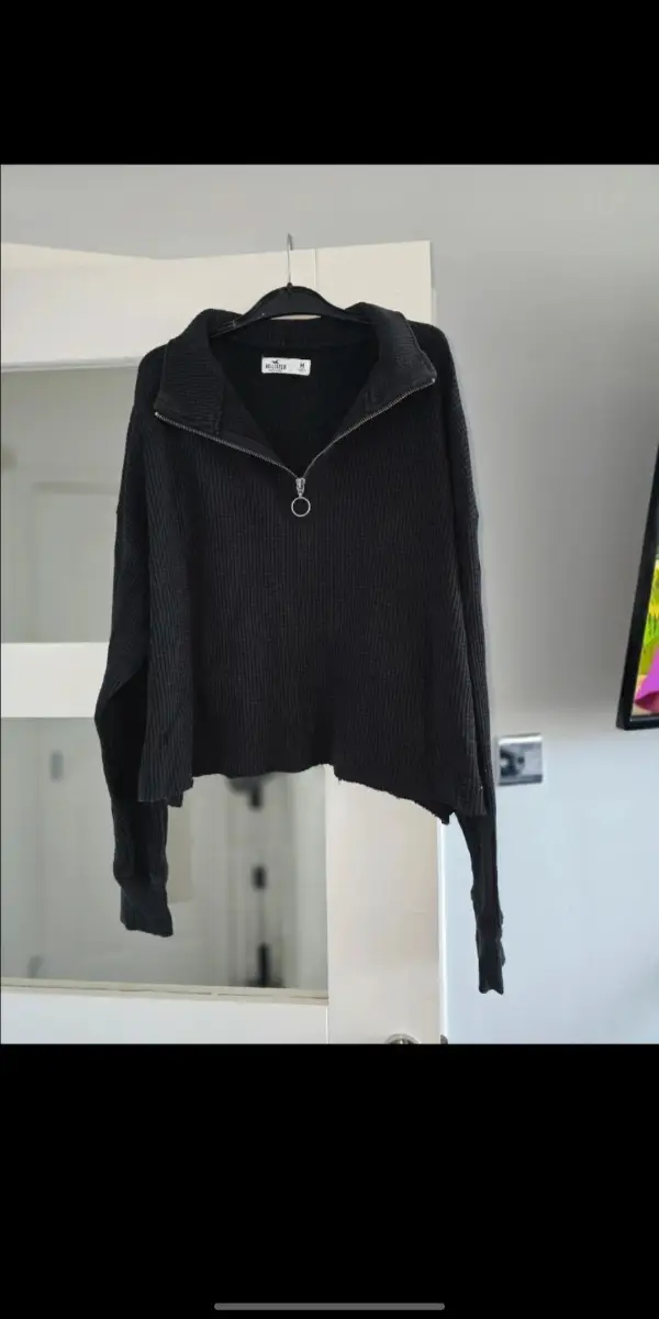 Hollister Black Waffle Knit Quarter Zip Sweater Jumper Size Medium