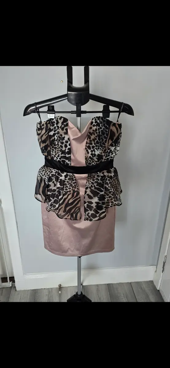 Little Mistress Leopard Print Peplum Bandeau Dress UK 10