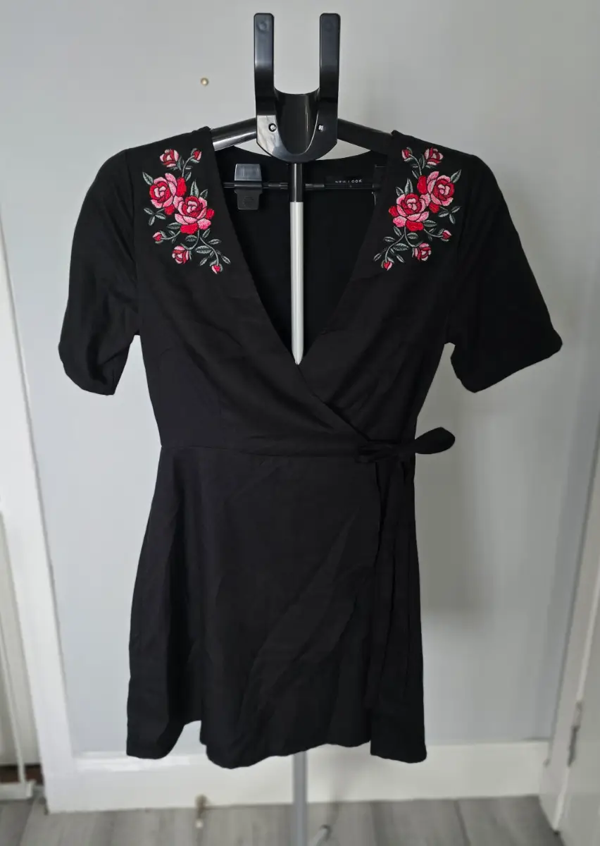 New Look Black Embroidered Rose Wrap Dress UK 8
