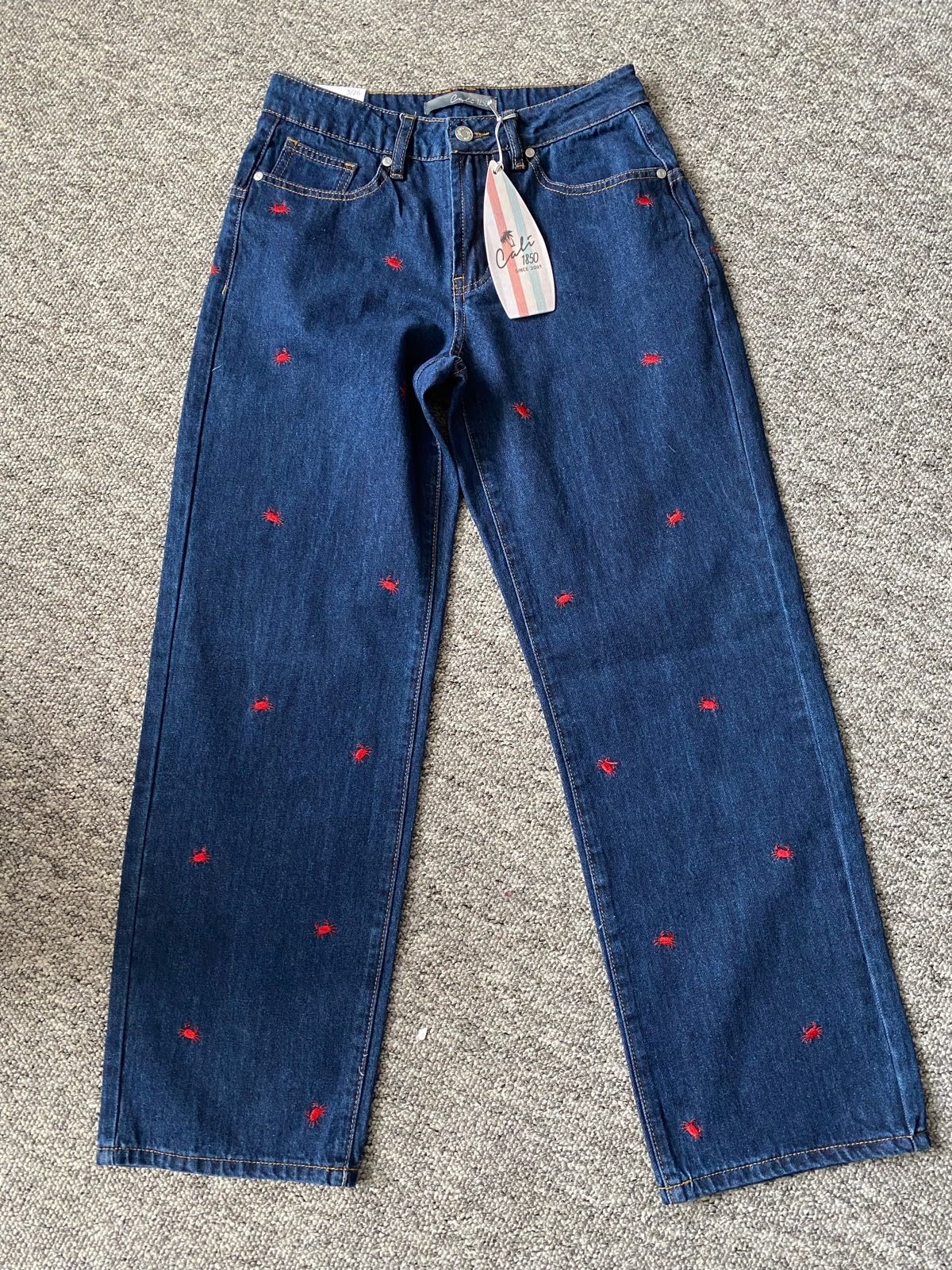 NWT CALI1850 Crab Embroidered Straight Leg Jeans Dark Wash Y2K Coastal  UK 8 W26