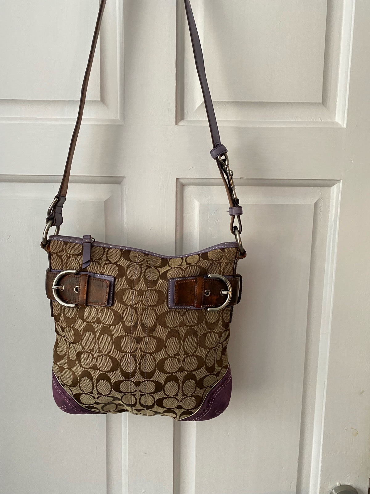 Vintage Y2K Coach Soho Signature Canvas Crossbody Bag Purple Suede Trim Leather