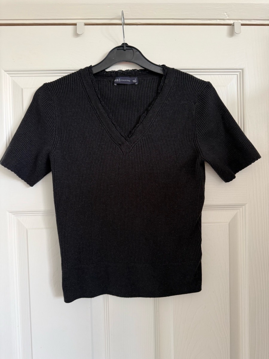 M&S Collection black ribbed shirt sleeve knitted top with lace detail