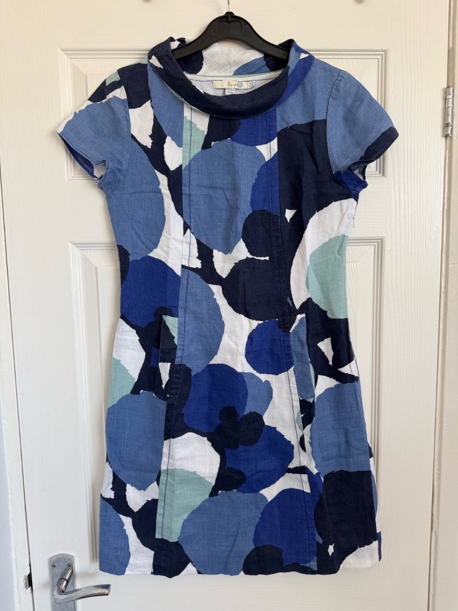 Boden blue and white abstract patterned linen cap sleeve dress size 8R