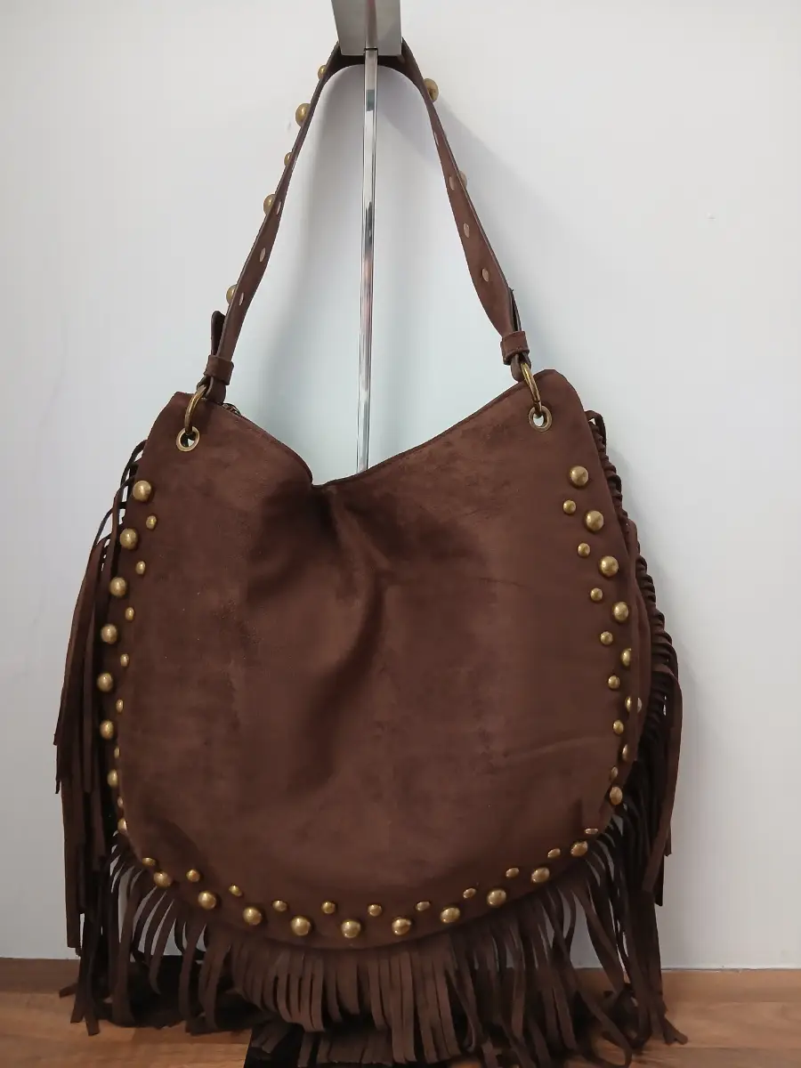 Brown Vegan suede fringed studded hobo bag