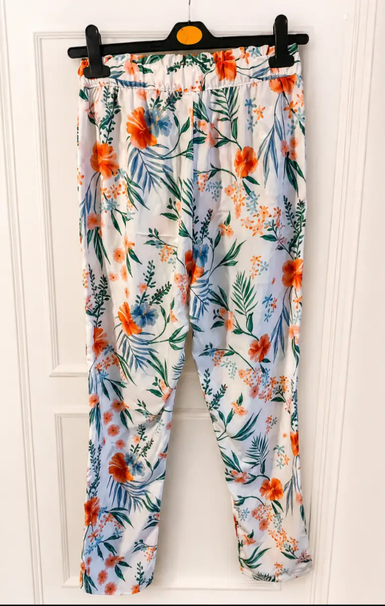 Terranova Calliope Floral Trousers XS | White Tropical Print Pants | Boho Summer Holiday Trousers