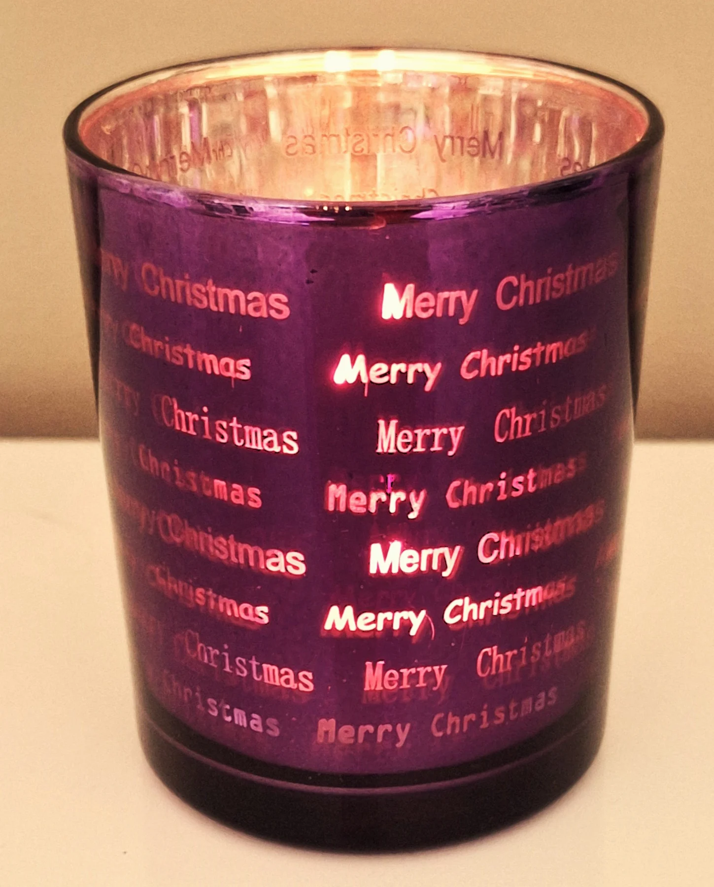 Glass Christmas Candle Holder Purple & Silver with Merry Christmas Lettering