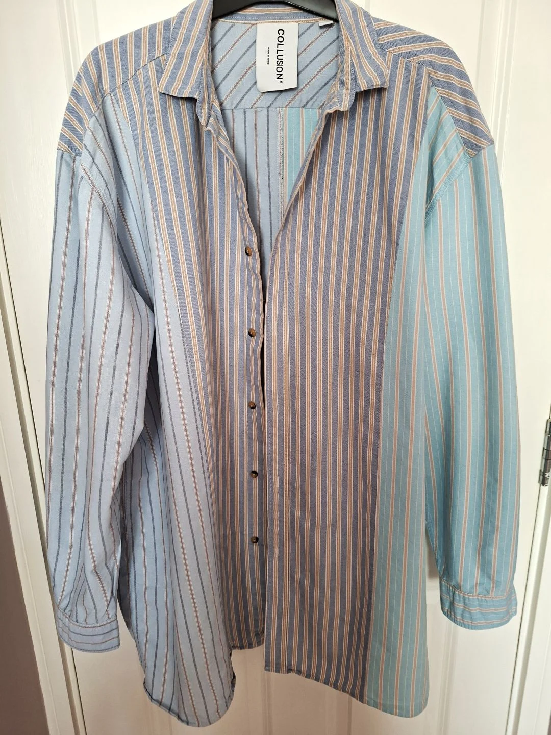 COLLUSION Oversized Striped Shirt Blue Turquoise Patchwork Long Sleeves Measurements Below