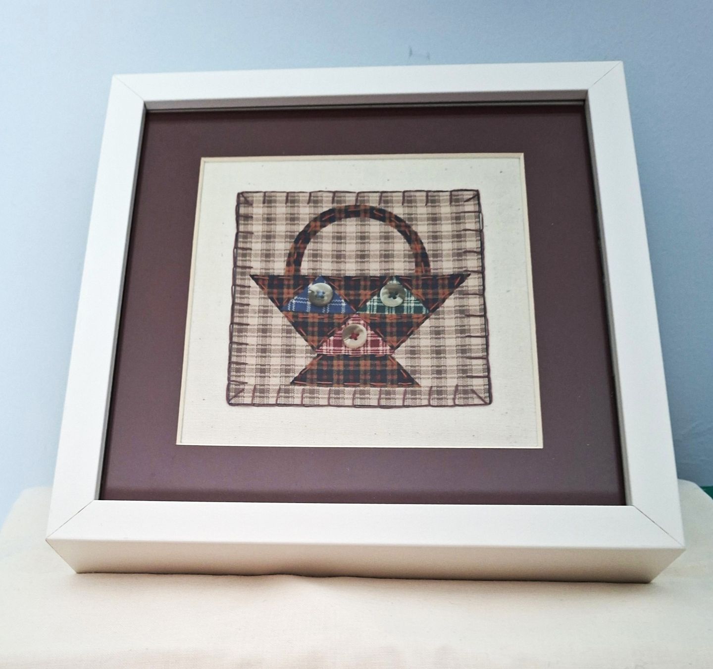Handcrafted Fabric Embroidered Picture Button Detail on Cotton Calico Wall Art with Burgundy Mount