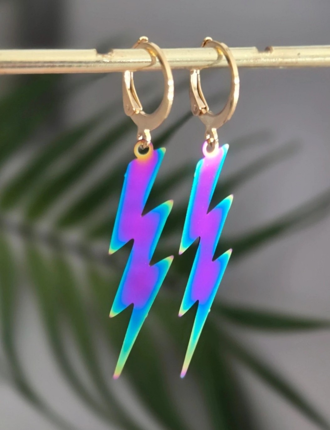 Stunning pink and blue lightening bolt gold huggie hoops