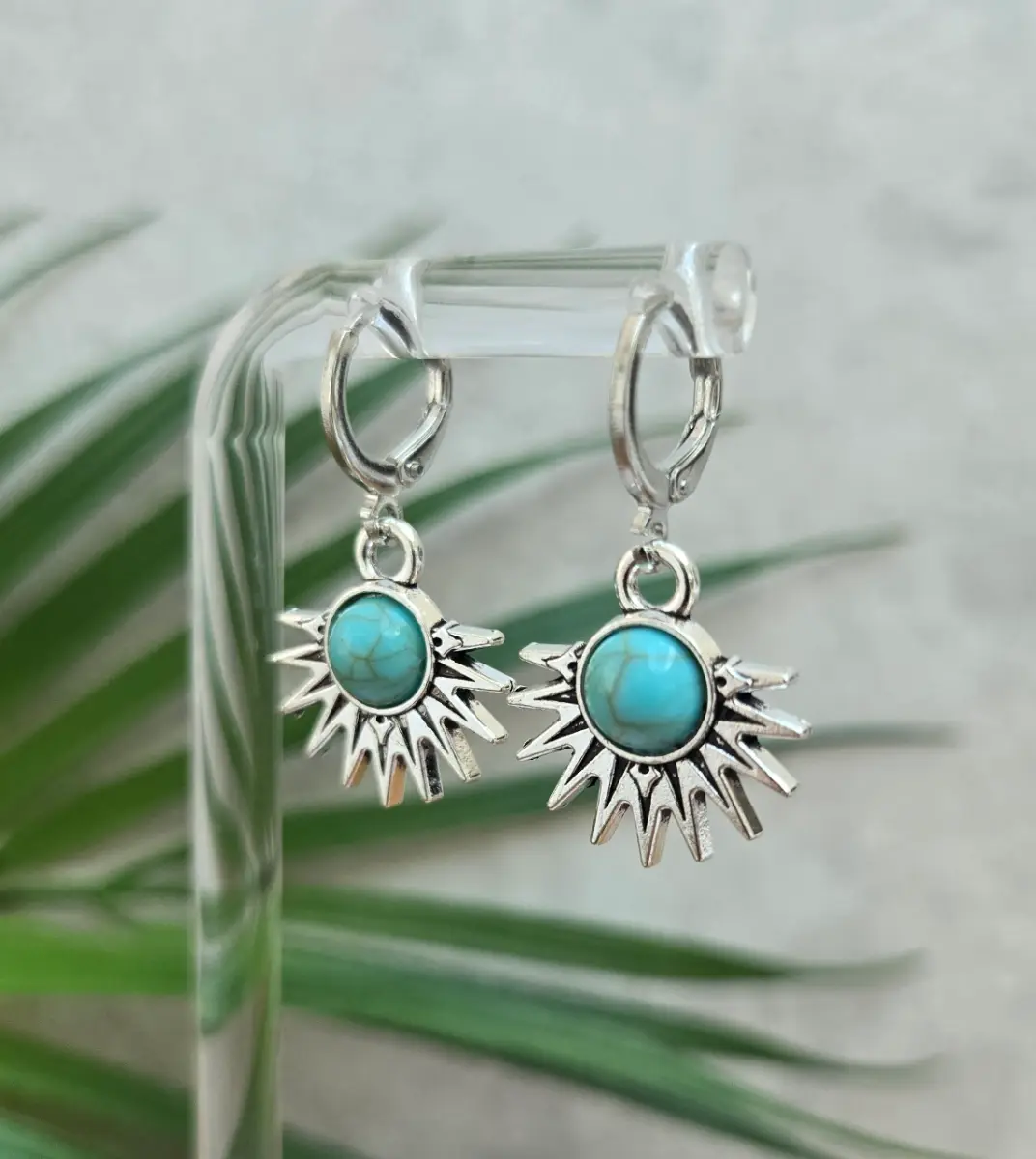 Gorgeous celestial Sun silver and turquoise huggie hoops
