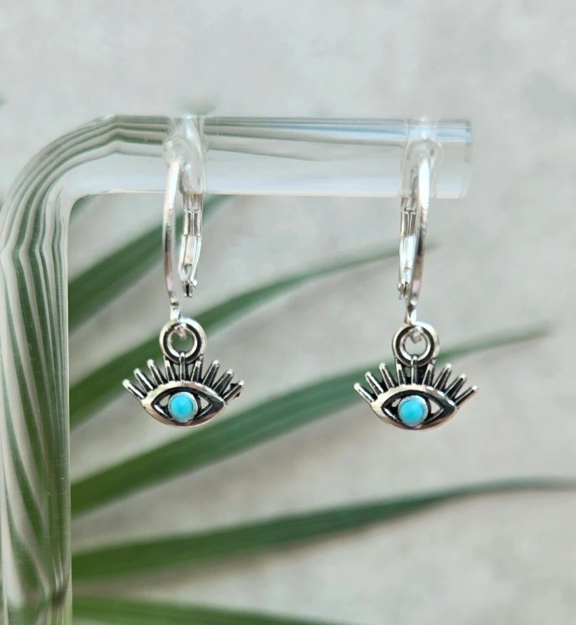 Beautiful silver and turquoise eye huggie hoops