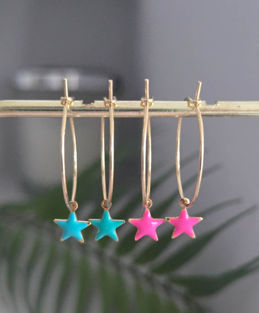 Gorgeous duo of turquoise and hot pink star hoops