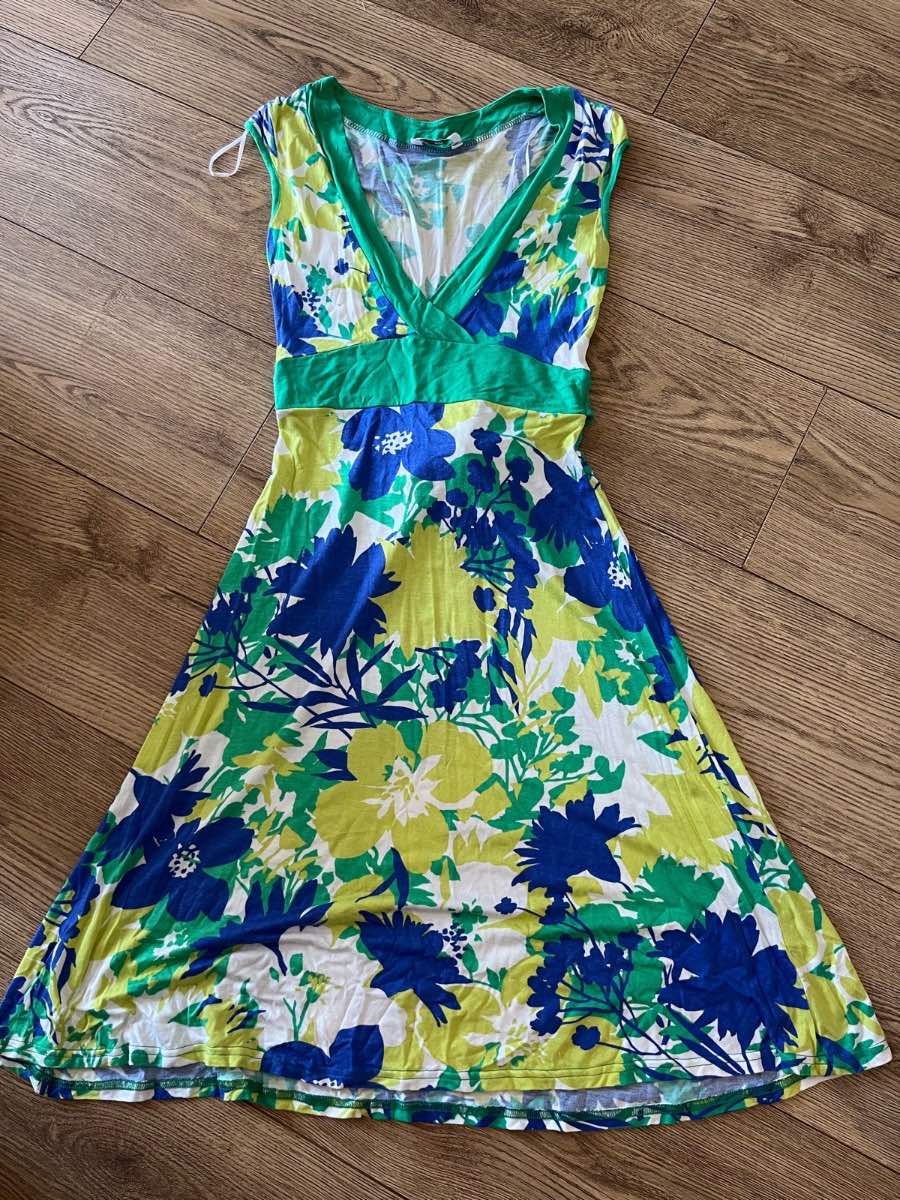 New Look Blue & Green Floral V-Neck Summer Dress Size 8
