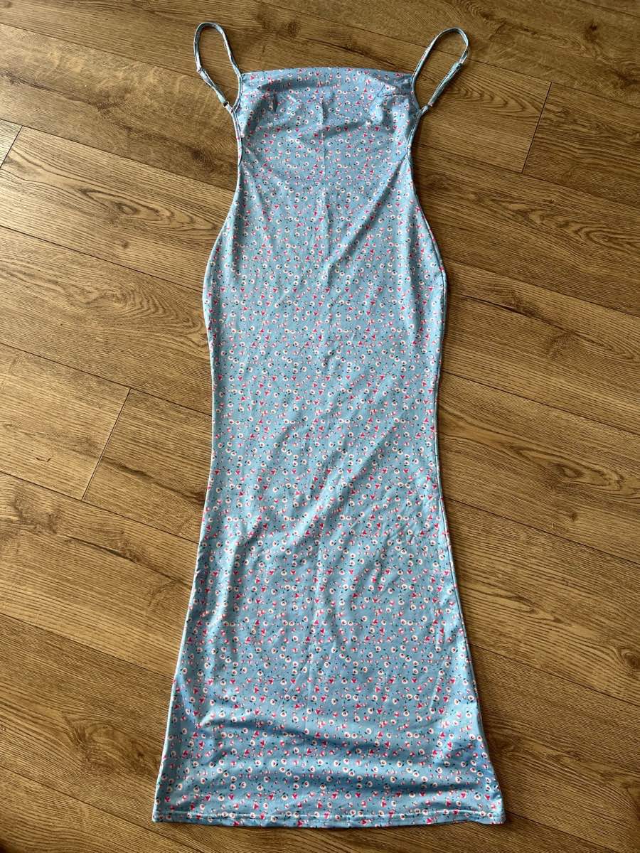 Blue Floral Backless Bodycon Maxi Dress XS