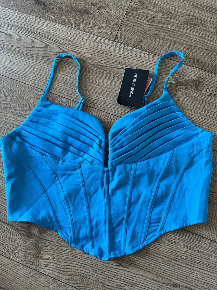 BNWT PrettyLittleThing Bright Blue Pleated Bust Corset Top Size 16