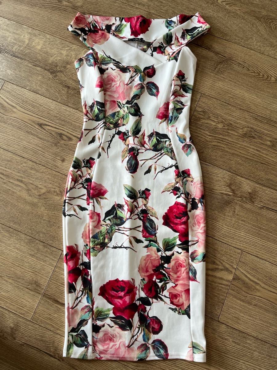 Quiz White Off-The-Shoulder Floral Midi Bodycon Dress - Size 8