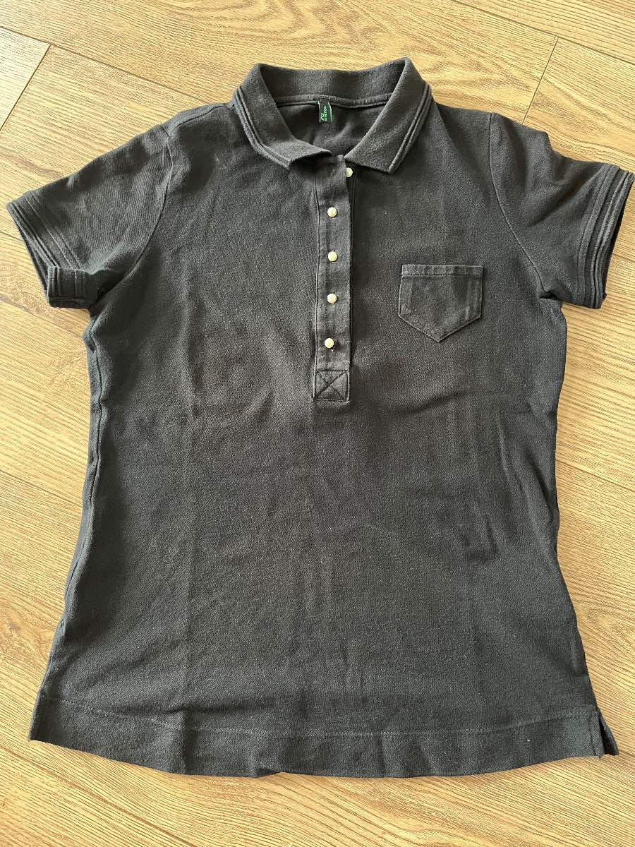 Stile Benetton Black Ribbed Polo Shirt Top - Size Small