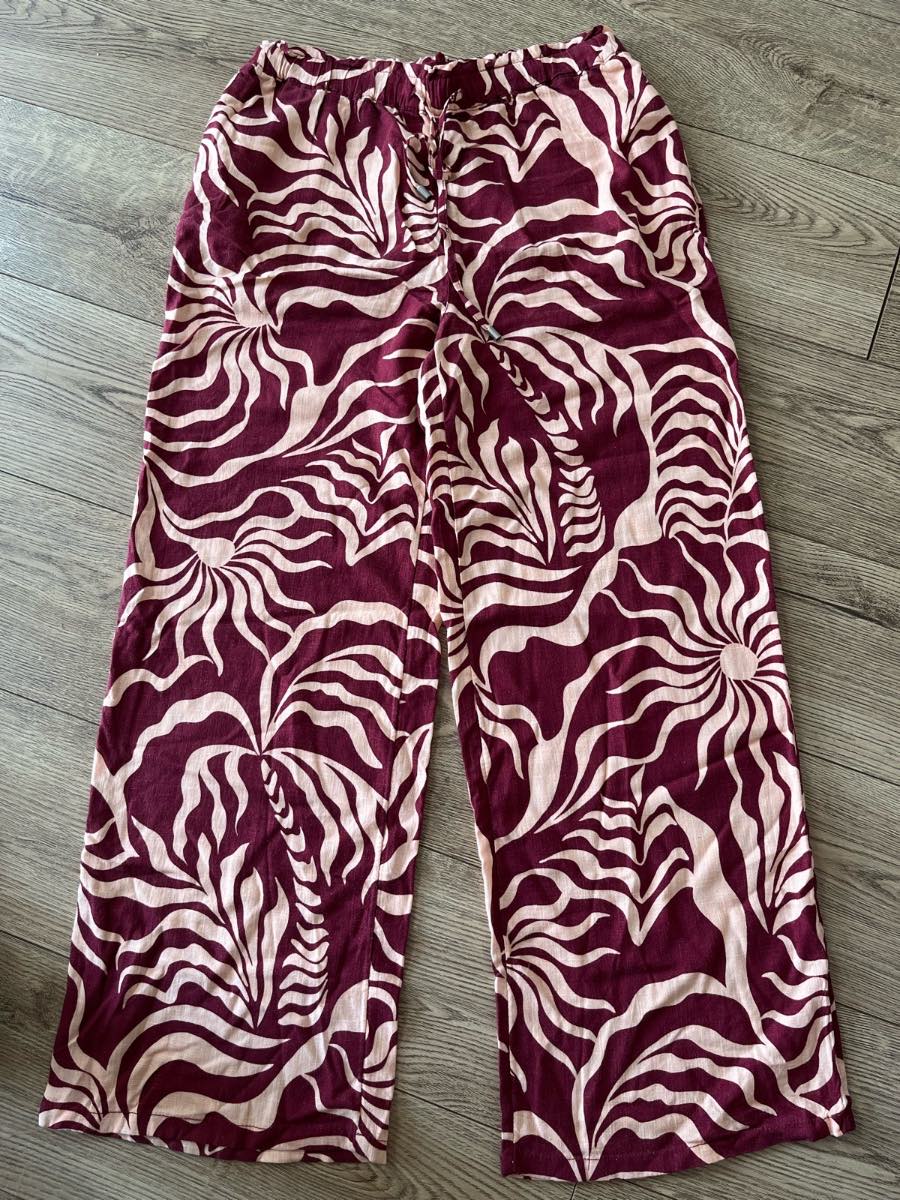 George Burgundy Sun Print Linen Blend Wide Leg Trousers - Size 12