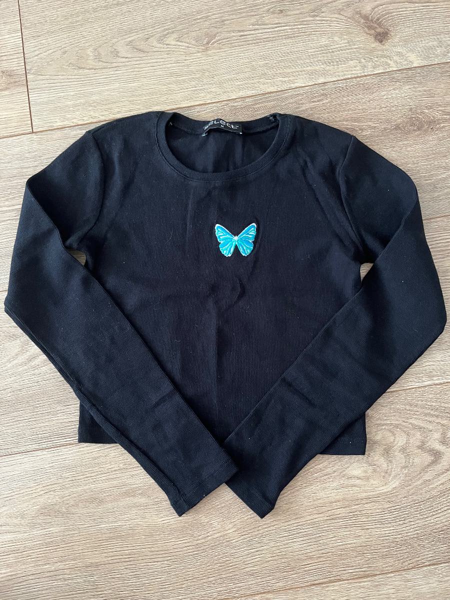 Select Black Ribbed Long Sleeve Butterfly Crop Top - Medium