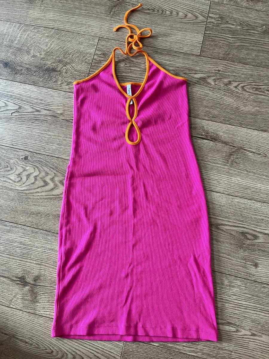 Y2K Style Pink and Orange Contrast Halterneck Bodycon Dress Size 10