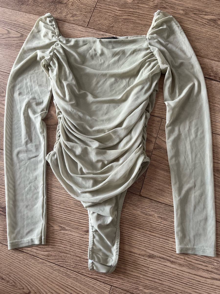 Pink Vanilla Sage Green Ruched Mesh Bodysuit - Size 6