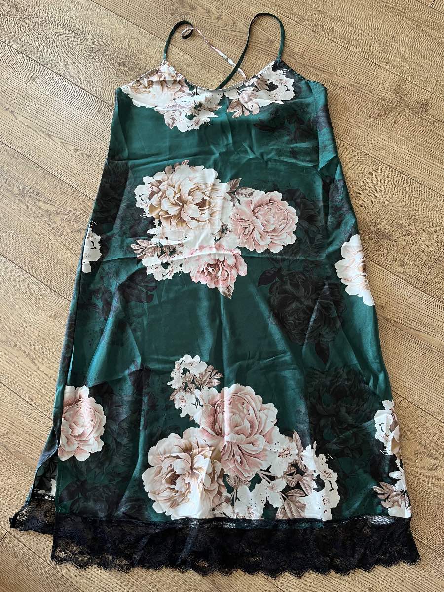 Vibrant Green Floral Satin Slip Dress with Black Lace Trim - M