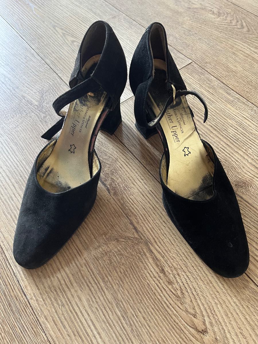 Vintage St Michael Black Suede T-Bar Heels - Size 5 - M&S Retro