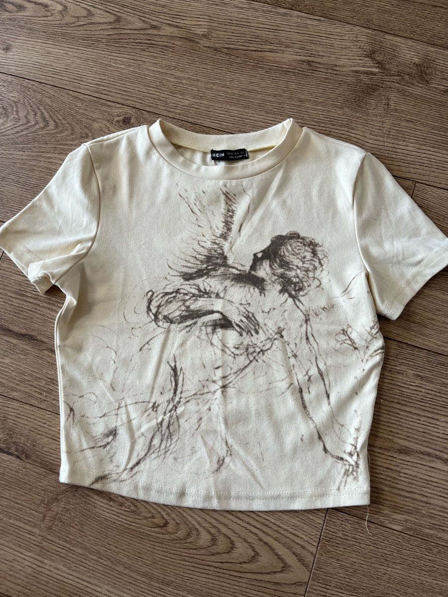 SHEIN Dark Academia Angel Sketch Cropped T-Shirt XS