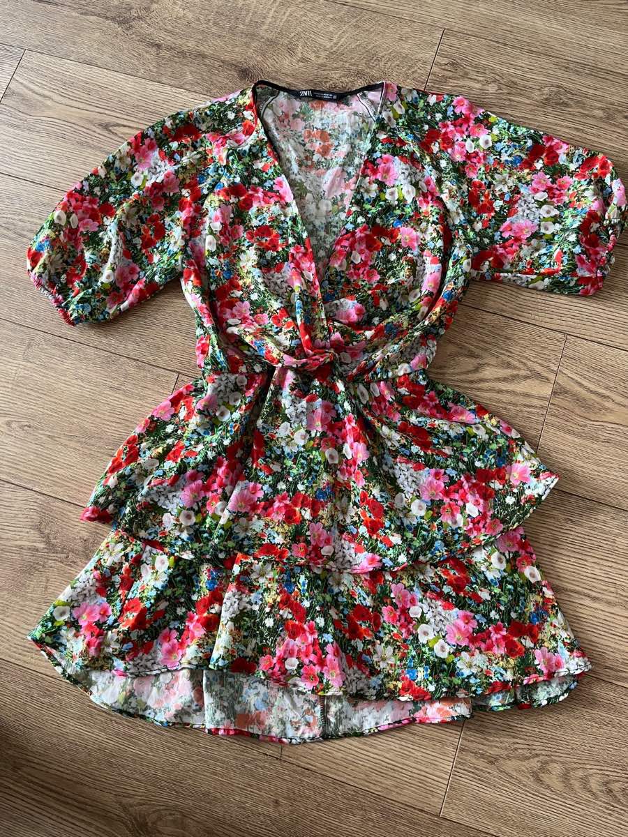ZARA Multi Floral Ruffle Knot Mini Dress XS