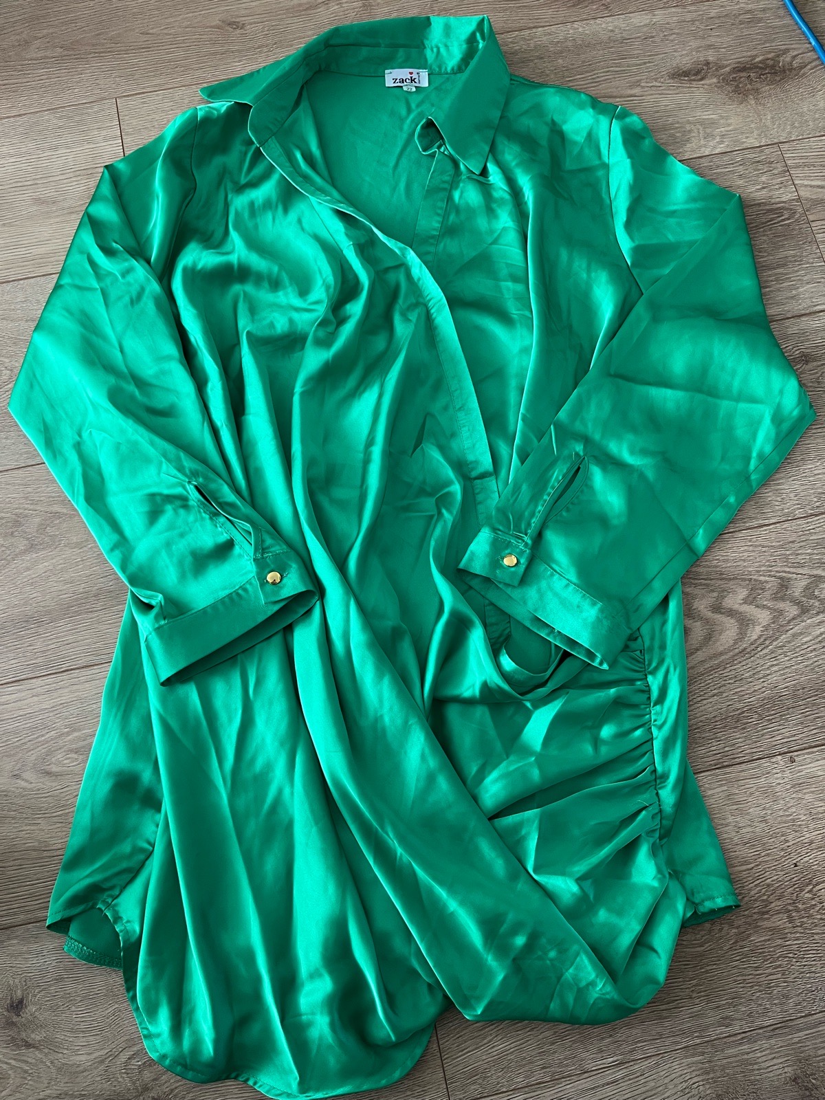 Zack Emerald Green Satin Ruched Shirt Dress Size 22