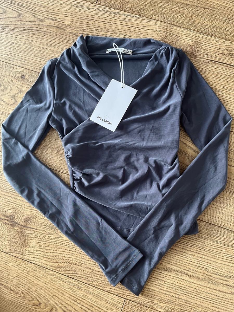 Pull & Bear Grey Asymmetric Ruched Draped Wrap Top XS BNWT