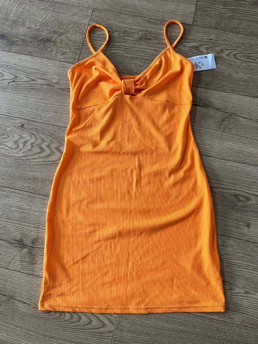 BNWT Primark Orange Ribbed Knot Front Cami Mini Dress Small