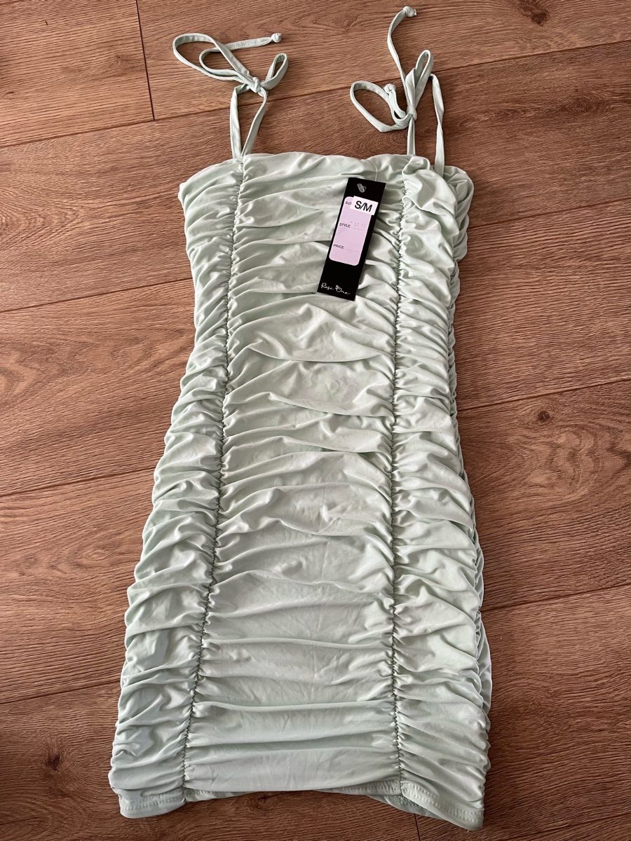 RoseOne Mint Green Ruched Tie-Strap Bodycon Mini Dress Size M