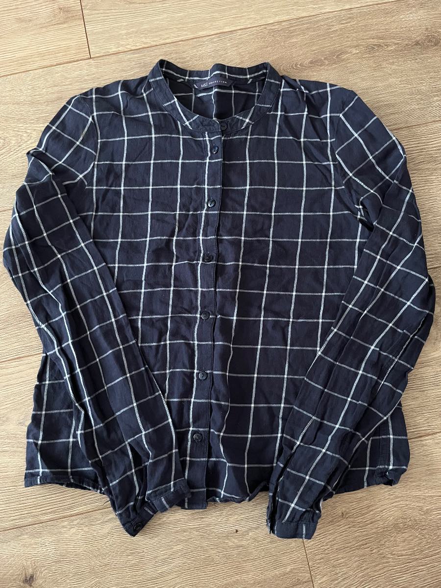M&S Collection Navy Windowpane Check Shirt - Size 8