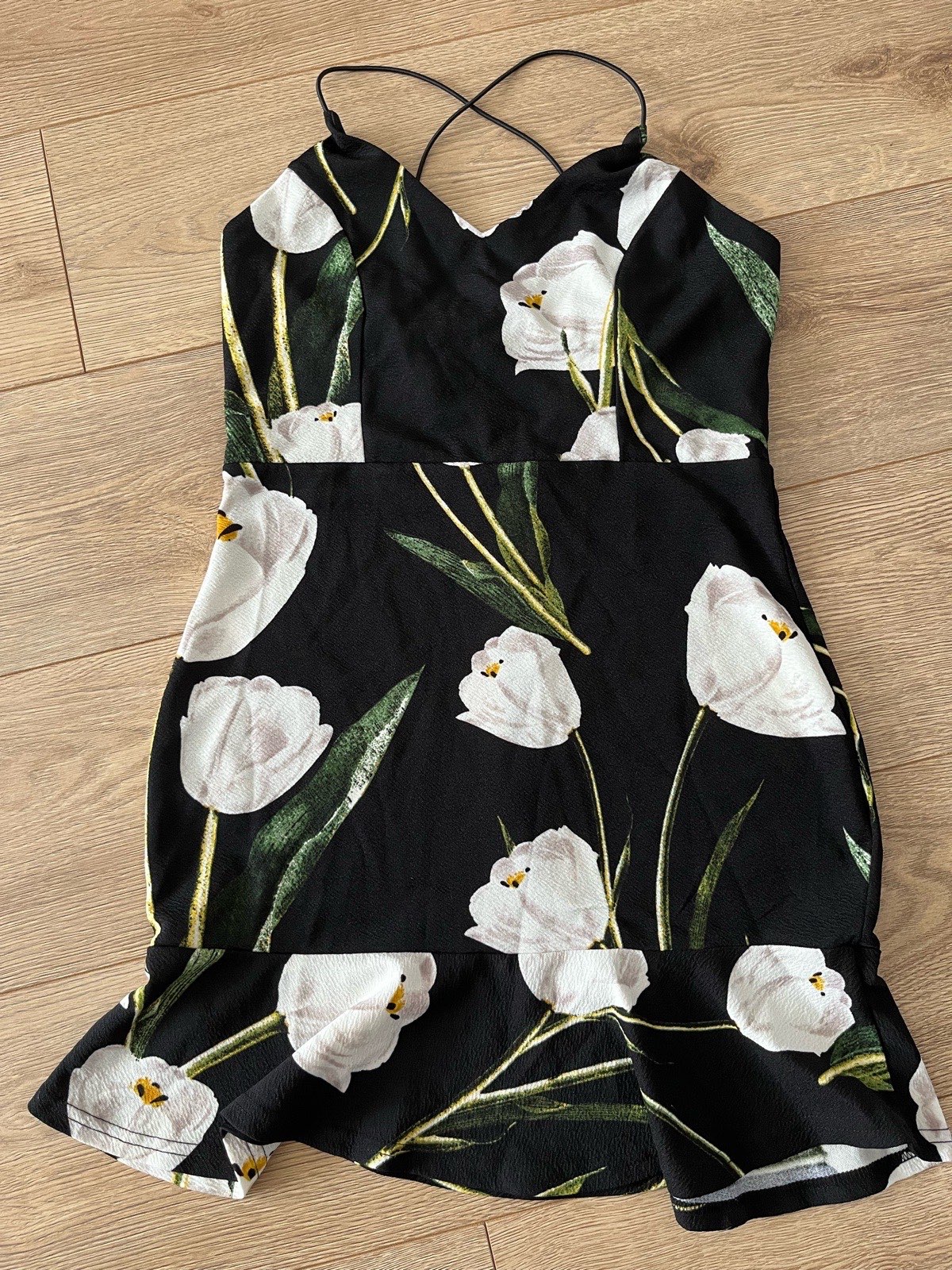 AX Paris Black Tulip Floral Frill Hem Dress - Size 12