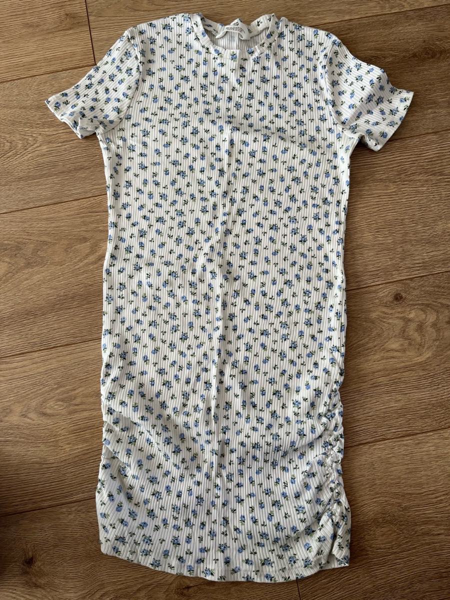 H&M Girls White Blue Floral Ribbed Ruched Dress Age 12-14