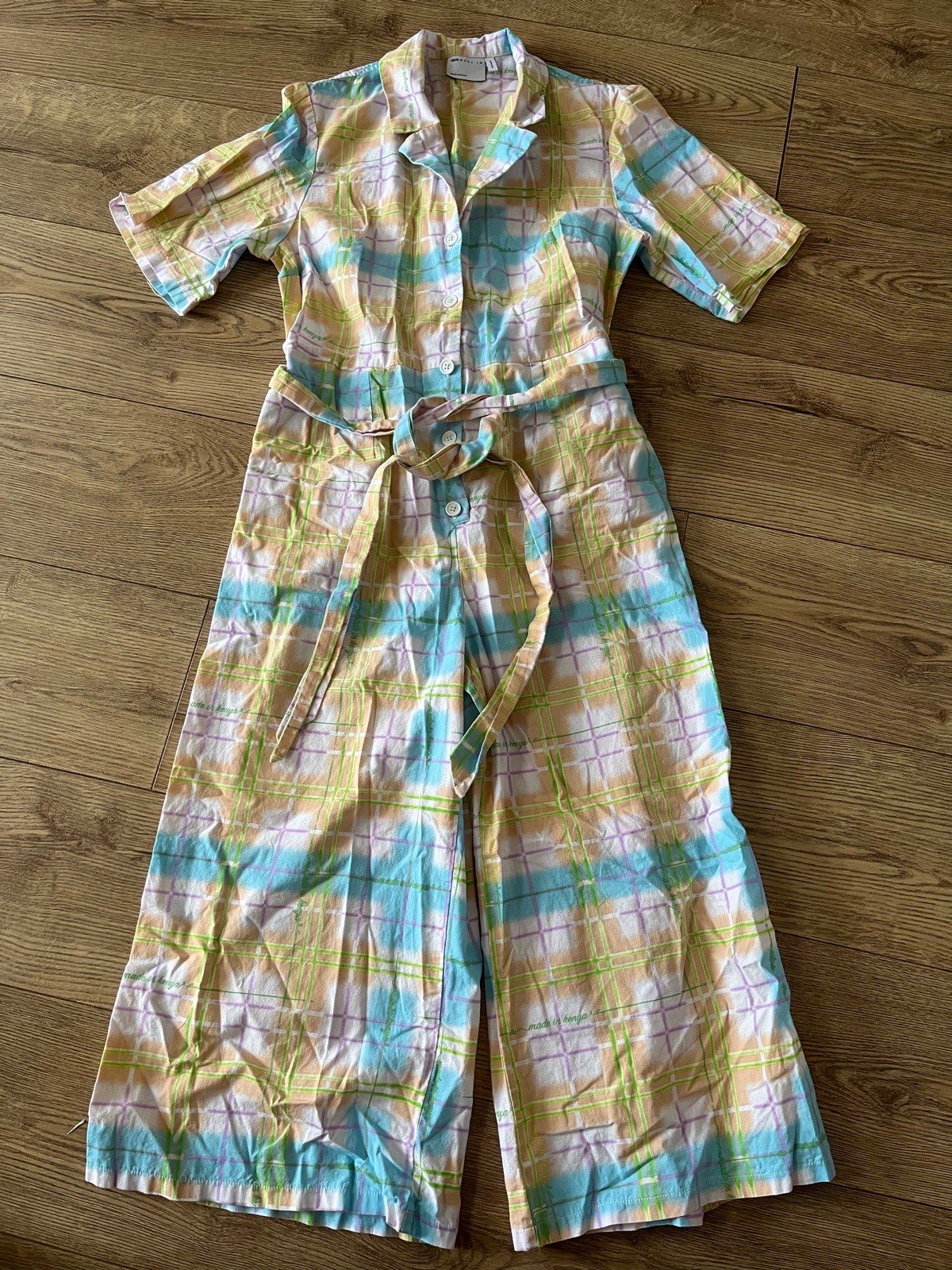 ASOS Made In Kenya Pastel Plaid Jumpsuit | Size 12 Cotton Wide Leg