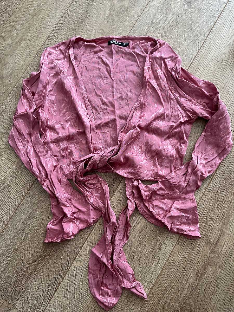 Nasty Gal Pink Satin Jacquard Tie-Front Crop Top - Size 8