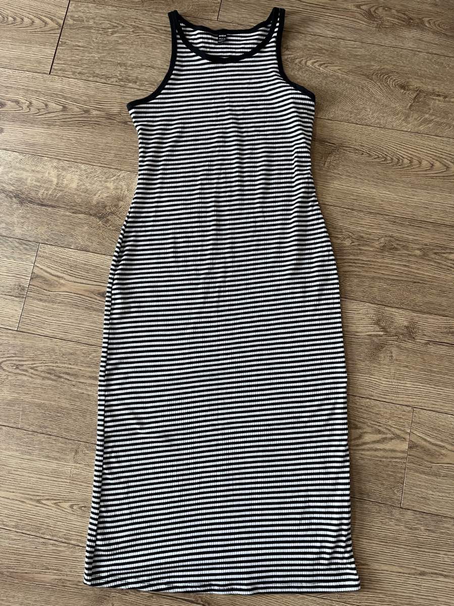 Monochrome Striped Rib Knit Bodycon Midi Dress | Shein Size L